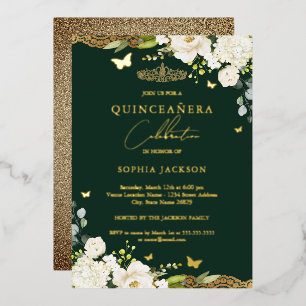 Gold Emerald Floral Lace Quinceanera Birthday