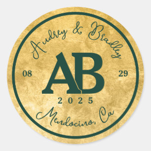 Gold Emerald Green 2 Letter Monogram Wedding Classic Round Sticker