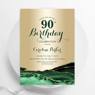 Gold Emerald Green Agate Marble 90th Birthday Invitation