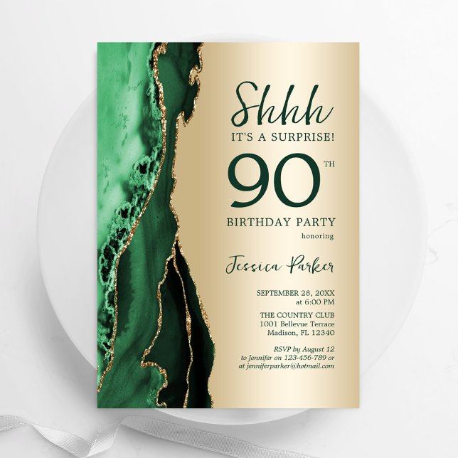 Gold Emerald Green Agate Surprise 90th Birthday Invitation (Creator Uploaded)