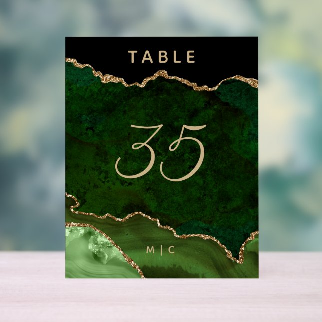 Gold Emerald Green Agate Wedding Table Number Acrylic Sign (Neutral)
