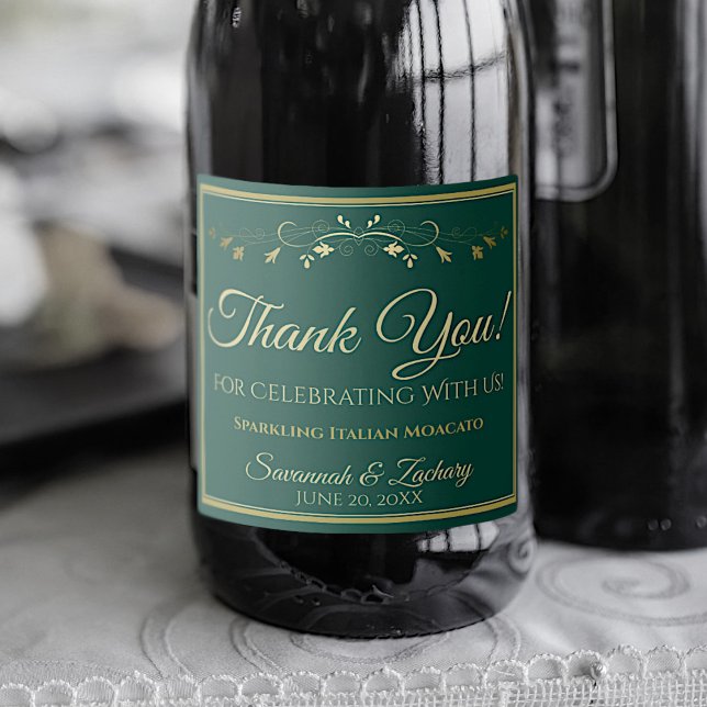 Gold & Emerald Green Elegant Wedding Thank You Sparkling Wine Label (Creator Uploaded)