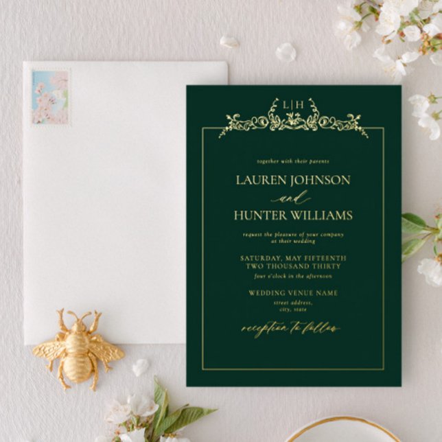 Gold Emerald Green Floral Border Monogram Wedding (Creator Uploaded)