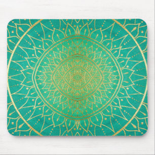 Gold Emerald Green Hand Drawn Mandala Mouse Pad