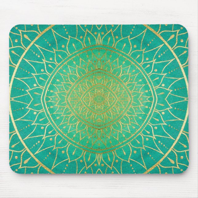 Gold Emerald Green Hand Drawn Mandala Mouse Pad (Front)