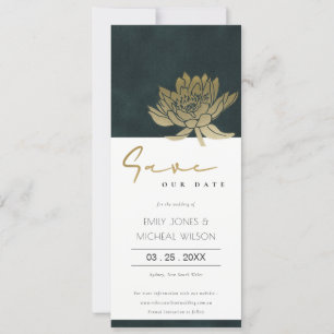 GOLD EMERALD GREEN LOTUS FLORAL SAVE THE DATE INVI INVITATION