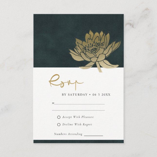 GOLD EMERALD GREEN LOTUS FLORAL WEDDING RSVP  ENCLOSURE CARD (Front)