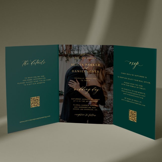 Gold emerald green photo wedding RSVP details QR Tri-Fold Invitation (Creator Uploaded)