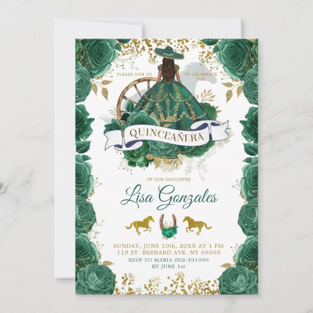 Gold Emerald Green Roses Western Quinceañera Invitation (Front)