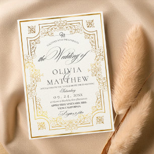 Gold & Emerald Green Script Wedding Invitation