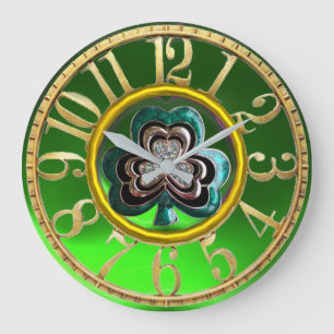 Gold Emerald Green Shamrock Jewel St Patrick's Day Large Clock