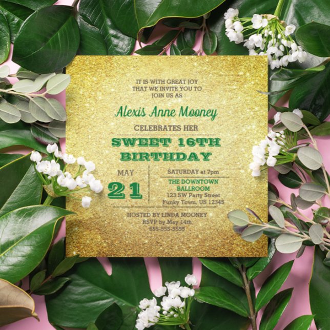 Gold & Emerald Green Sparkly Sweet 16 Invitation (Creator Uploaded)