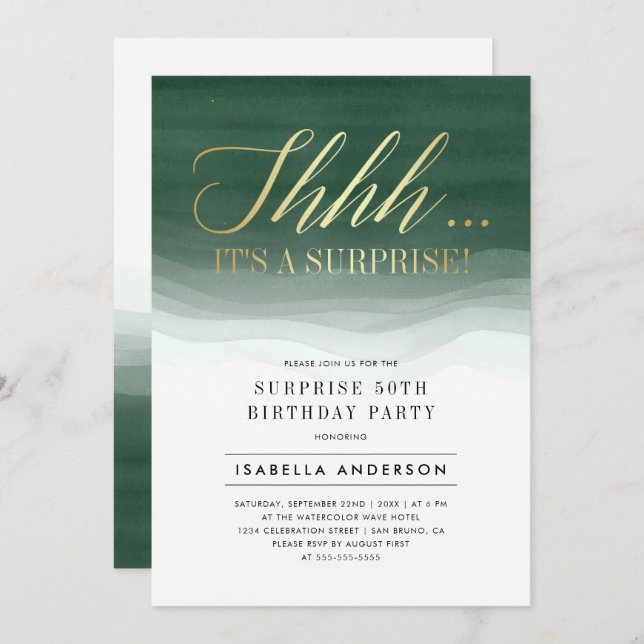 Gold & Emerald Green Watercolor Surprise Birthday Invitation (Front/Back)