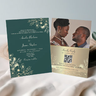 Gold Emerald Green Wedding Invitation with QR Code