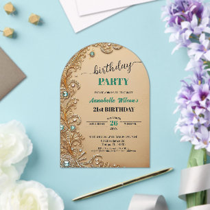 Gold Emerald Rhinestones 21st Birthday Party Acrylic Invitations