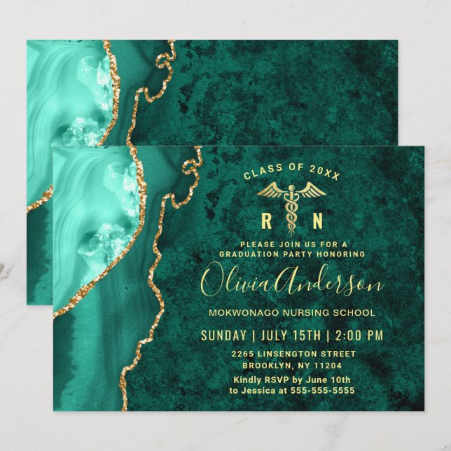 Gold Emerald RN Nursing School Graduation Party Invitation (Front/Back)