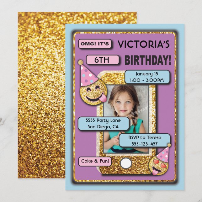Gold Emoji Birthday Party Cell Phone Photo text Invitation (Front/Back)