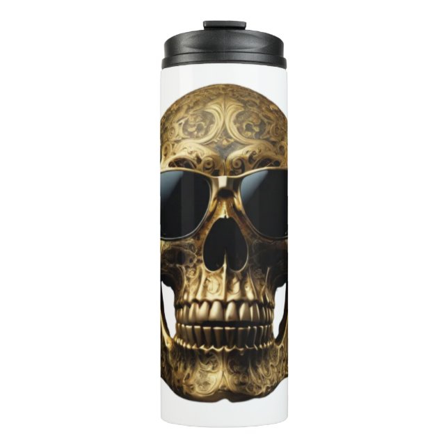 Gold engraved metallic 3D skull with sunglasses Thermal Tumbler (Front)