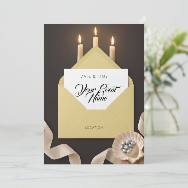Gold Envelope Candle Seashell Invitation (Standing Front)