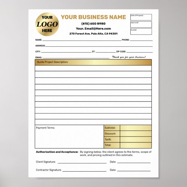 Gold Estimate Quote Job Proposal Forms Contractor Poster (Front)