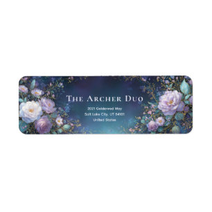 Gold Etched Lavender Midnight Teal Botanical Return Address Label