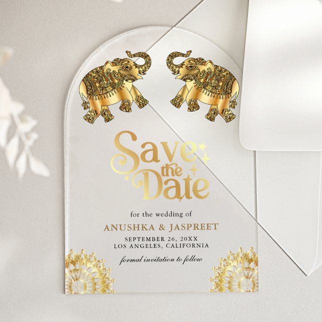 Gold Ethnic Elephants Indian Wedding Save the Date Acrylic Invitations (Creator Uploaded)