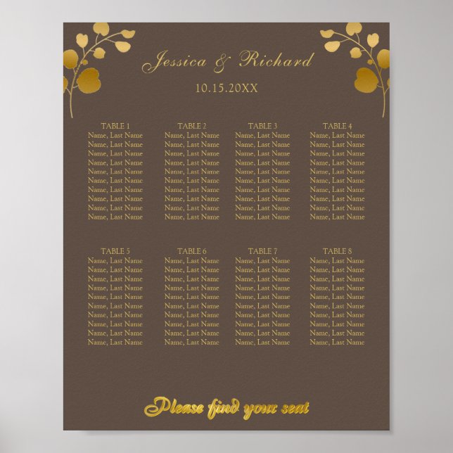 Gold Eucalyptus 8 Tables Seating Chart Poster Sign (Front)