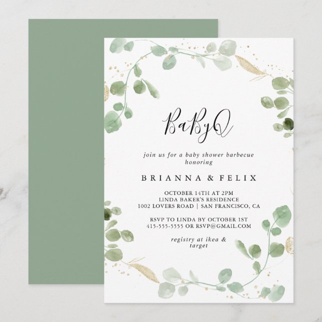 Gold Eucalyptus BabyQ Baby Shower Barbecue  Invitation (Front/Back)