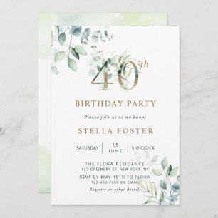 Gold Eucalyptus Botanical 40th Birthday Party Invitation