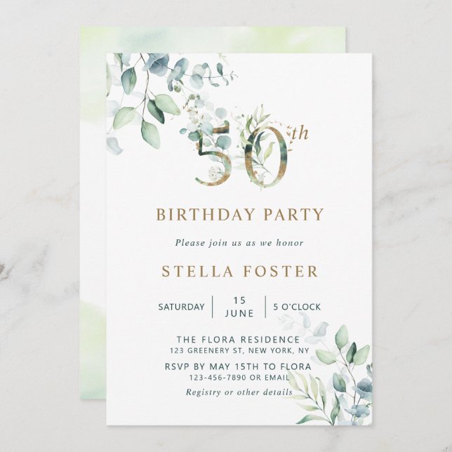 Gold Eucalyptus Botanical 50th Birthday Party Invitation (Front/Back)