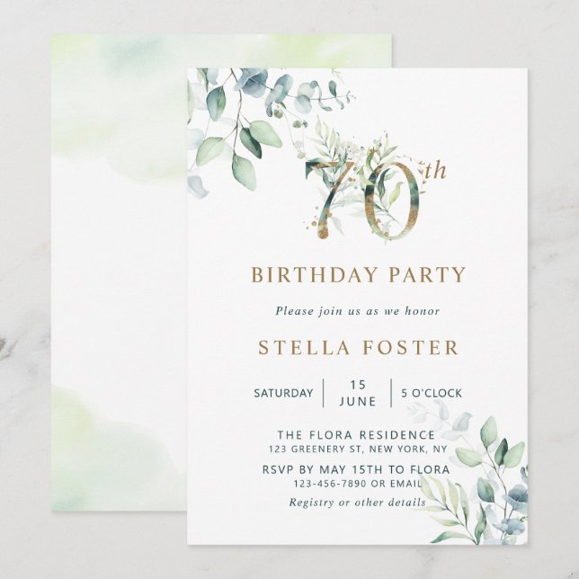 Gold Eucalyptus Botanical 70th Birthday Party Invi Invitation (Front/Back)