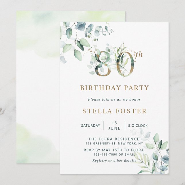 Gold Eucalyptus Botanical 80th Birthday Party Invitation (Front/Back)