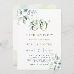 Gold Eucalyptus Botanical 80th Birthday Party Invitation