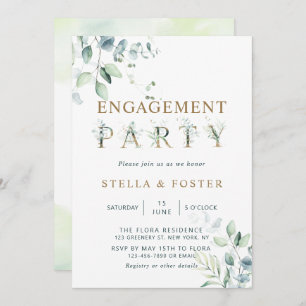 Gold Eucalyptus Botanical Letter Engagement Party Invitation