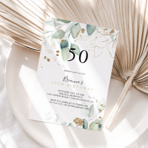 Gold Eucalyptus Calligraphy 50th Birthday Party   Invitation