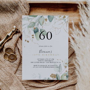 Gold Eucalyptus Calligraphy 60th Birthday Party    Invitation