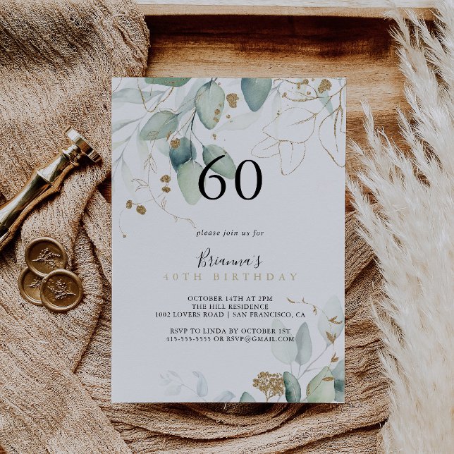 Gold Eucalyptus Calligraphy 60th Birthday Party    Invitation (Creator Uploaded)