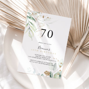 Gold Eucalyptus Calligraphy 70th Birthday Party  Invitation