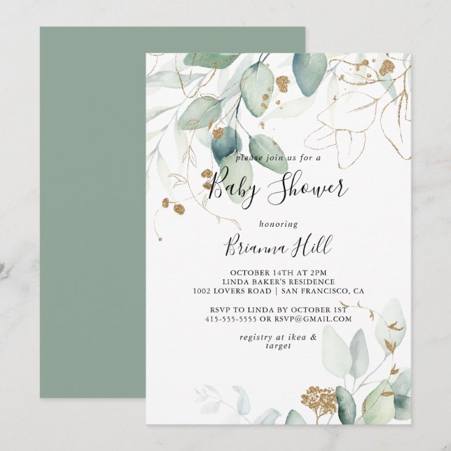 Gold Eucalyptus Calligraphy Baby Shower  Invitation (Front/Back)