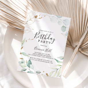 Gold Eucalyptus Calligraphy Birthday Party Invitation