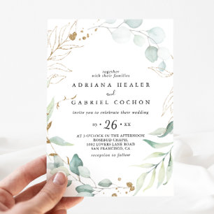  Gold Eucalyptus Calligraphy Casual Wedding Invitation