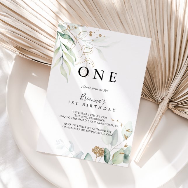  Gold Eucalyptus Calligraphy First Birthday Party  Invitation (Creator Uploaded)