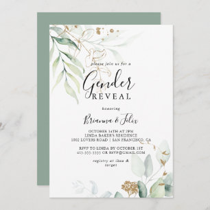 Gold Eucalyptus Calligraphy Gender Reveal Party  Invitation
