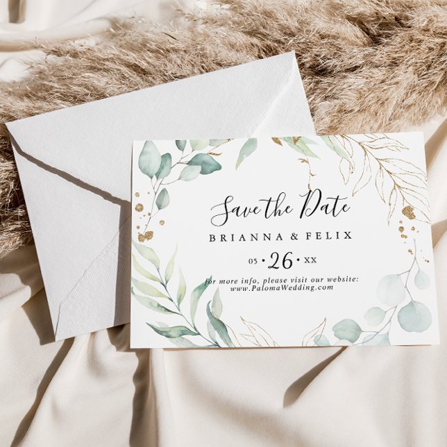 Gold Eucalyptus Calligraphy Horizontal Wedding  Save The Date (Creator Uploaded)