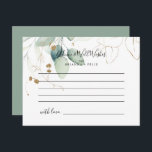 Gold Eucalyptus Calligraphy Wedding Advice Card<br><div class="desc">This gold eucalyptus calligraphy wedding advice card is perfect for a rustic wedding. This artistic design features hand-drawn watercolor gold and green foliage, inspiring natural beauty. These cards are perfect for a wedding, bridal shower, baby shower, graduation party & more. Personalise the cards with the names of the bride and...</div>