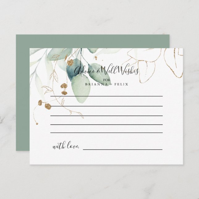  Gold Eucalyptus Calligraphy Wedding Advice Card (Front/Back)