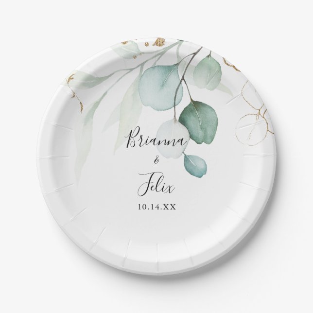  Gold Eucalyptus Calligraphy Wedding Cake  Paper Plate (Front)