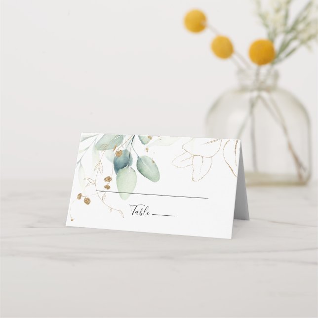 Gold Eucalyptus Calligraphy Wedding  Place Card (Front)