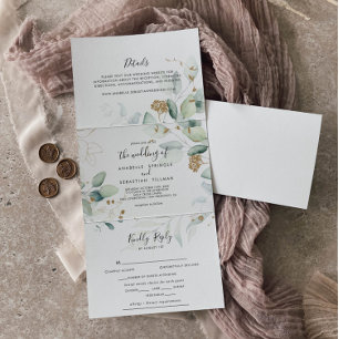 Gold Eucalyptus Calligraphy Wedding Tri-Fold Invitation