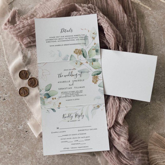 Gold Eucalyptus Calligraphy Wedding Tri-Fold Invitation (Creator Uploaded)